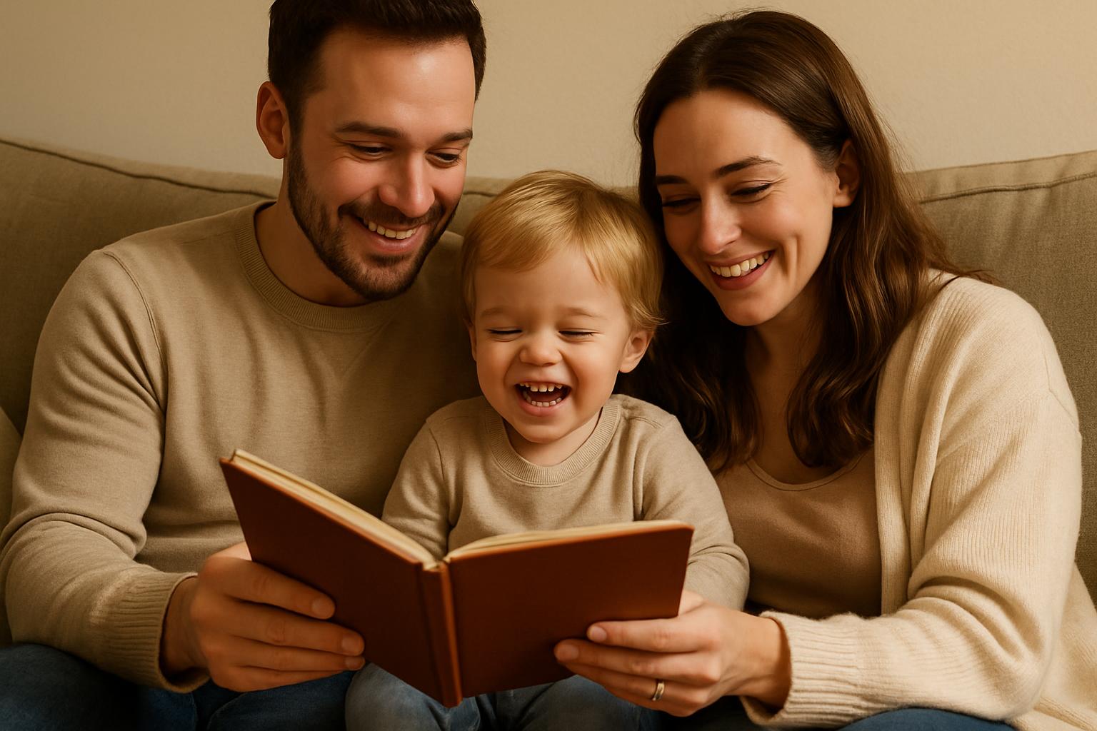 3-year-old child discovering their personalized book with wonder